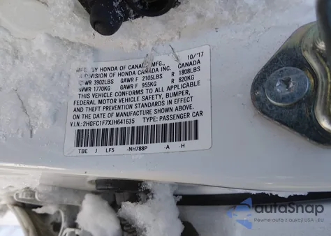 2018 Honda Civic Ex-L z USA, uszkodzony, nr VIN 2HGFC1F7XJH641635